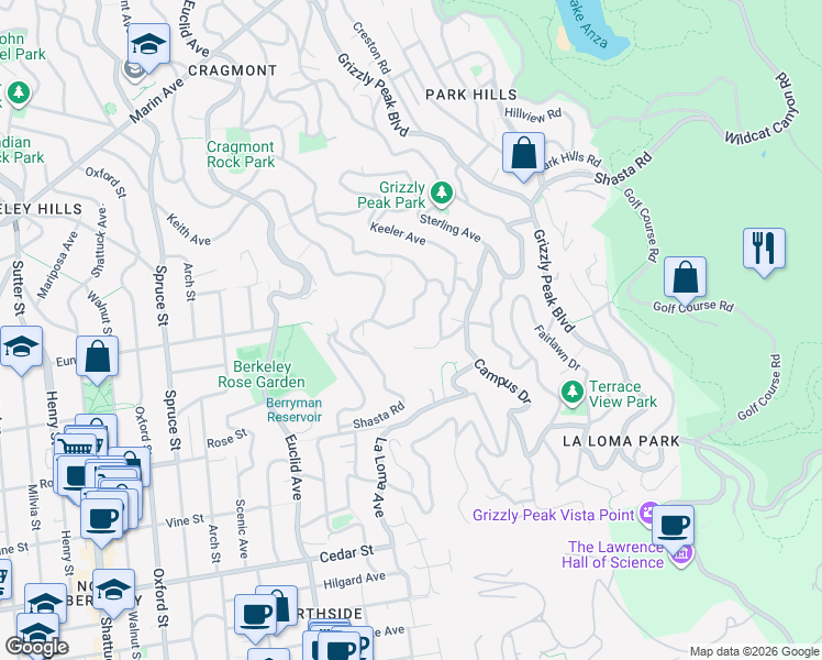 map of restaurants, bars, coffee shops, grocery stores, and more near 2753 Shasta Road in Berkeley