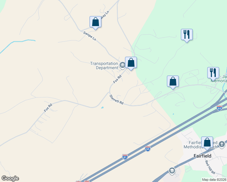 map of restaurants, bars, coffee shops, grocery stores, and more near Fox Road in Rockbridge