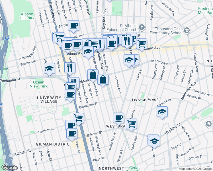 map of restaurants, bars, coffee shops, grocery stores, and more near 1030 Masonic Avenue in Albany
