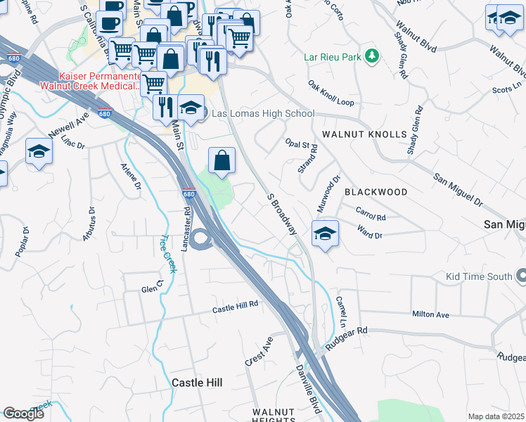 map of restaurants, bars, coffee shops, grocery stores, and more near 1450 Creekside Drive in Walnut Creek