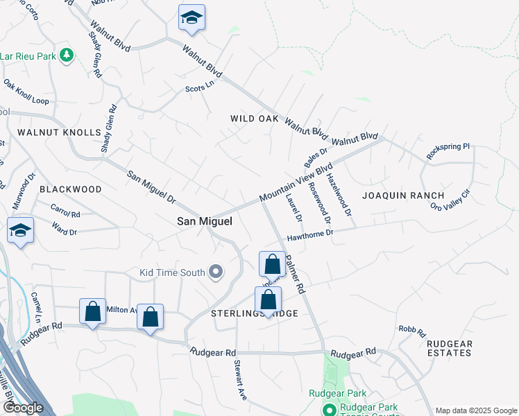 map of restaurants, bars, coffee shops, grocery stores, and more near 1214 Mountain View Boulevard in Walnut Creek