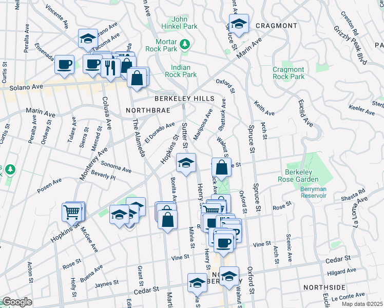 map of restaurants, bars, coffee shops, grocery stores, and more near 1140 Sutter Street in Berkeley