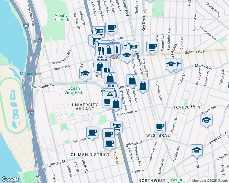 map of restaurants, bars, coffee shops, grocery stores, and more near in Albany