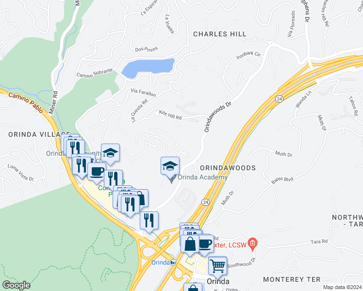 map of restaurants, bars, coffee shops, grocery stores, and more near 152 Ravenhill Road in Orinda