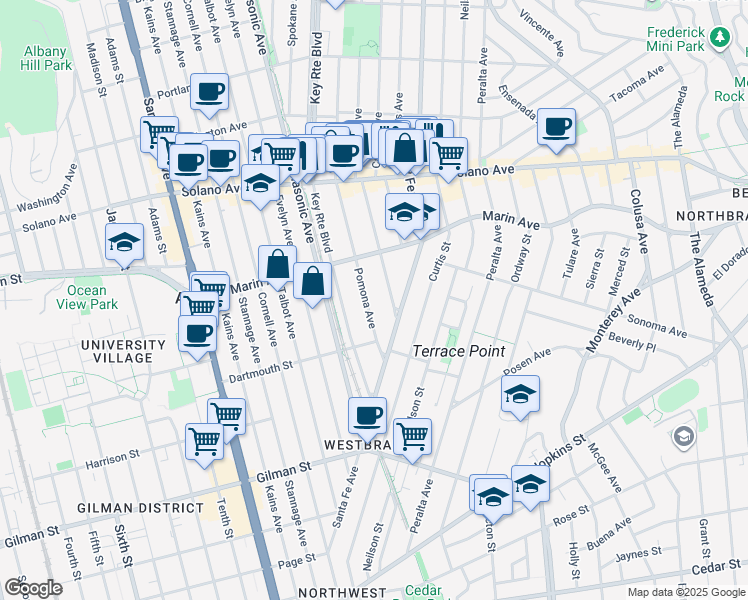 map of restaurants, bars, coffee shops, grocery stores, and more near 1029 Pomona Avenue in Albany