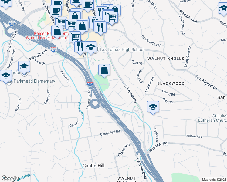 map of restaurants, bars, coffee shops, grocery stores, and more near 1459 Creekside Drive in Walnut Creek
