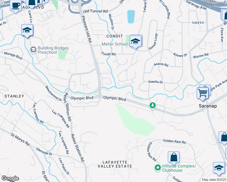 map of restaurants, bars, coffee shops, grocery stores, and more near 940 Reliez Station Lane in Lafayette