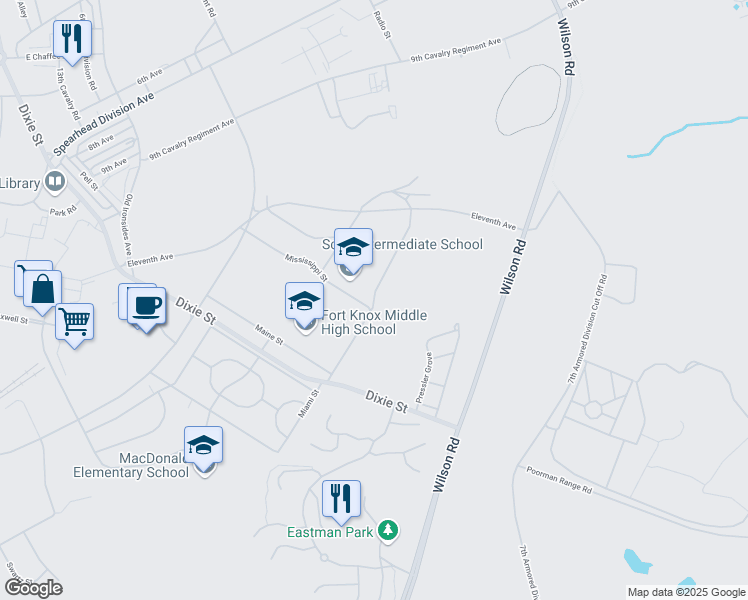 map of restaurants, bars, coffee shops, grocery stores, and more near Missouri Street in Fort Knox