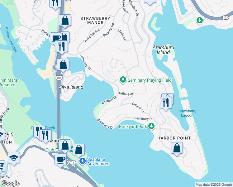 map of restaurants, bars, coffee shops, grocery stores, and more near 160 Seminary Drive in Mill Valley
