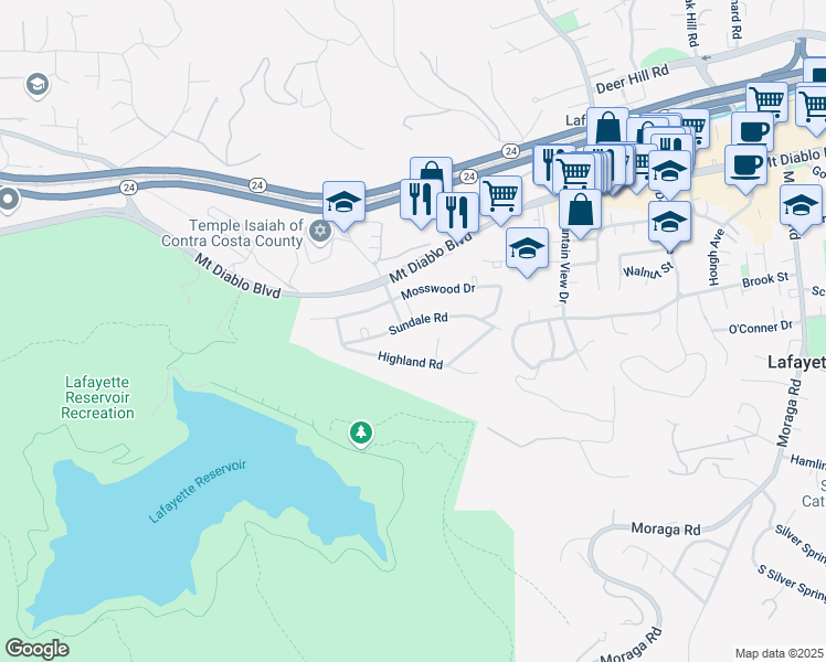 map of restaurants, bars, coffee shops, grocery stores, and more near 3744 Sundale Road in Lafayette