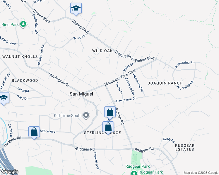 map of restaurants, bars, coffee shops, grocery stores, and more near 1185 Mountain View Boulevard in Walnut Creek