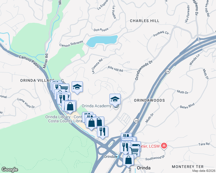 map of restaurants, bars, coffee shops, grocery stores, and more near 524 The Glade in Orinda