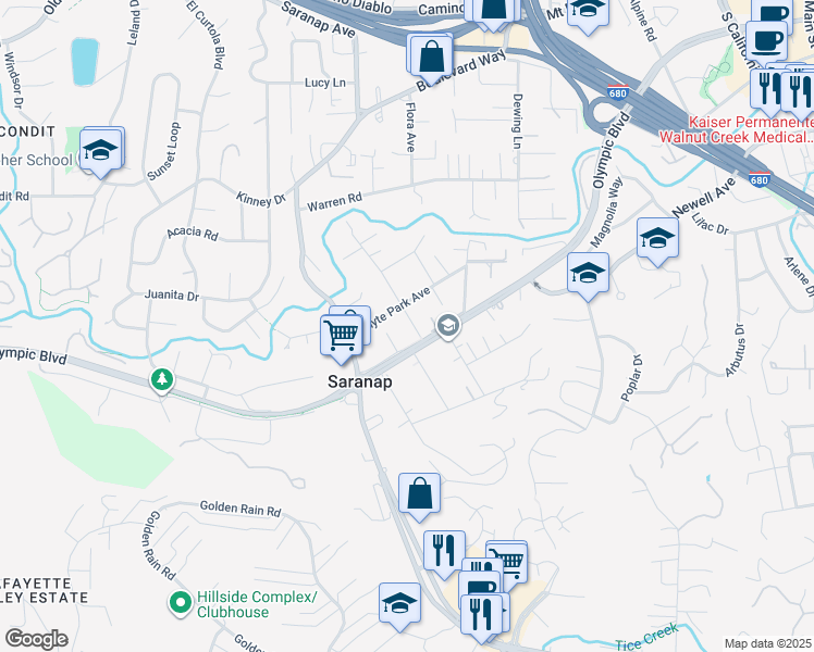 map of restaurants, bars, coffee shops, grocery stores, and more near 433 Center Street in Walnut Creek