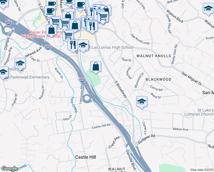 map of restaurants, bars, coffee shops, grocery stores, and more near 1470 Creekside Drive in Walnut Creek