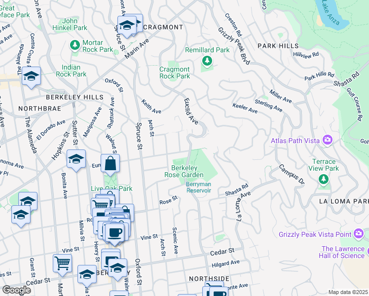 map of restaurants, bars, coffee shops, grocery stores, and more near 2415 Eunice Street in Berkeley
