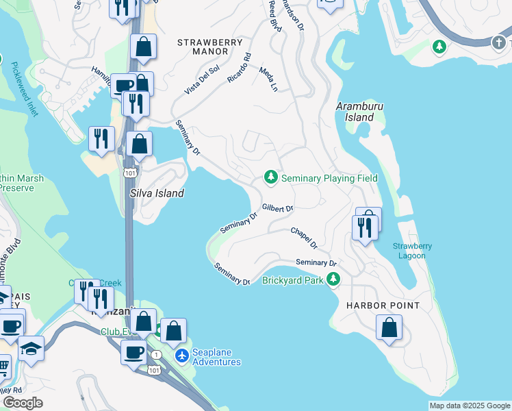 map of restaurants, bars, coffee shops, grocery stores, and more near 160 Seminary Drive in Mill Valley