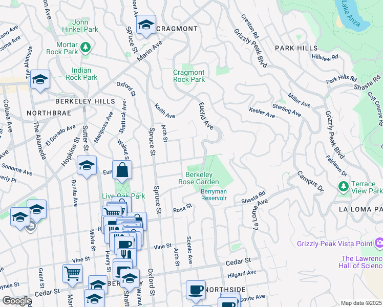 map of restaurants, bars, coffee shops, grocery stores, and more near 1178 Laurel Street in Berkeley