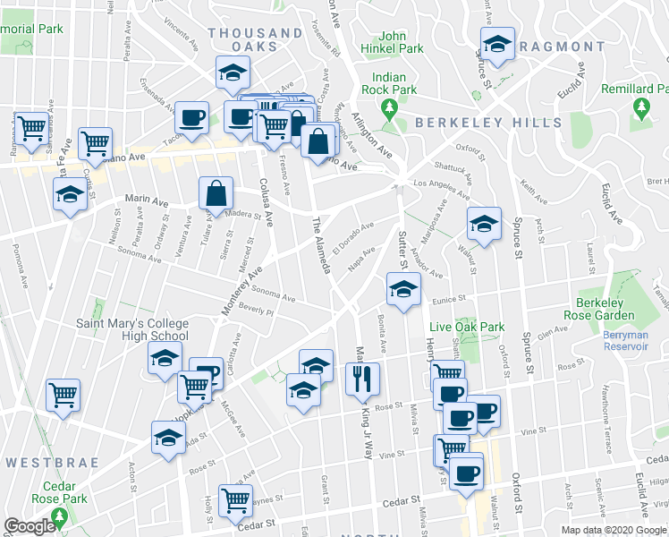 map of restaurants, bars, coffee shops, grocery stores, and more near 1131 The Alameda in Berkeley