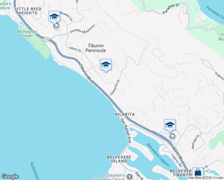 map of restaurants, bars, coffee shops, grocery stores, and more near 11 Gilmartin Drive in Tiburon