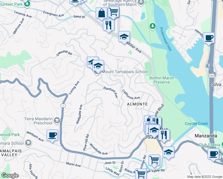 map of restaurants, bars, coffee shops, grocery stores, and more near 156 Stanford Avenue in Mill Valley
