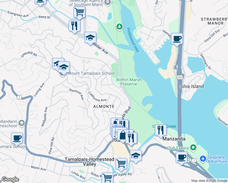 map of restaurants, bars, coffee shops, grocery stores, and more near 174 Lavender Lane in Mill Valley