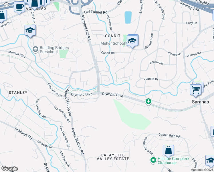 map of restaurants, bars, coffee shops, grocery stores, and more near 940 Reliez Station Lane in Lafayette