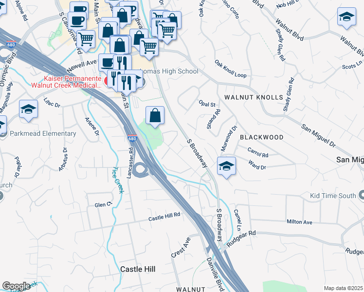 map of restaurants, bars, coffee shops, grocery stores, and more near in Walnut Creek