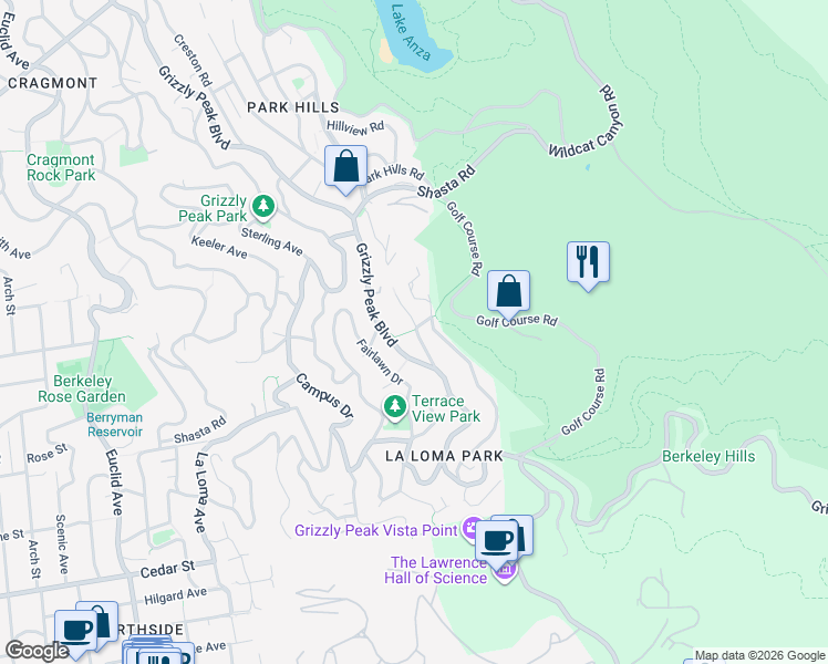 map of restaurants, bars, coffee shops, grocery stores, and more near 154 Hill Road in Berkeley