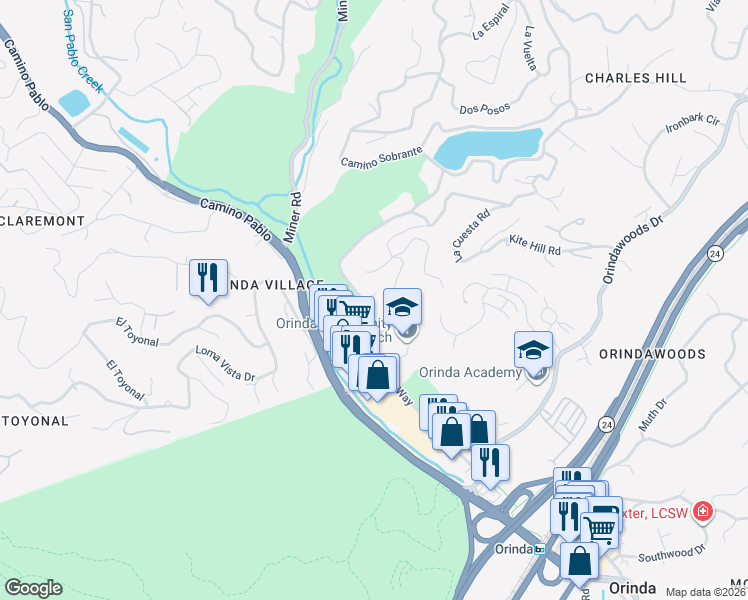map of restaurants, bars, coffee shops, grocery stores, and more near 24 Camino Sobrante in Orinda