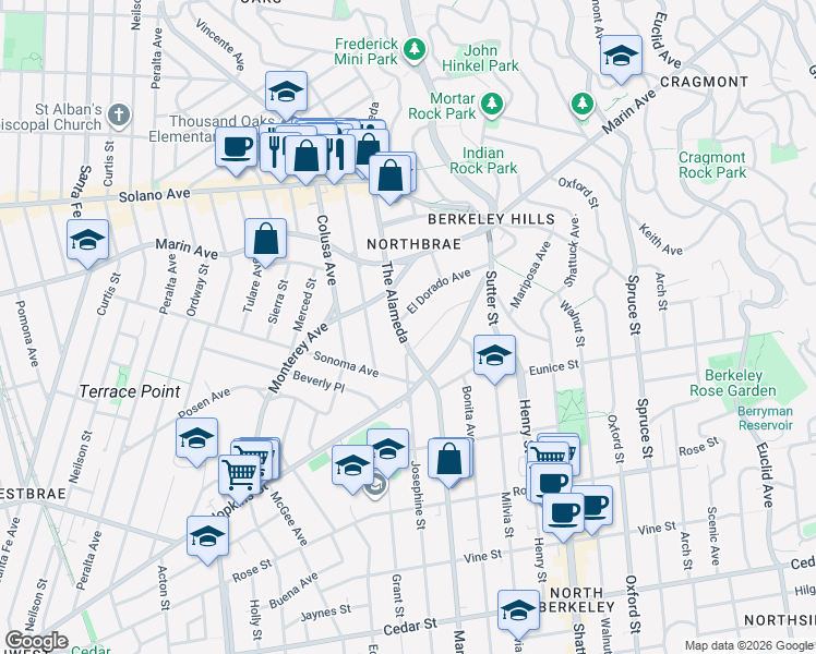 map of restaurants, bars, coffee shops, grocery stores, and more near 1131 The Alameda in Berkeley
