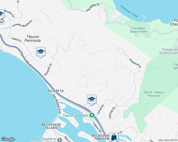 map of restaurants, bars, coffee shops, grocery stores, and more near 1 Tara Hill Road in Tiburon