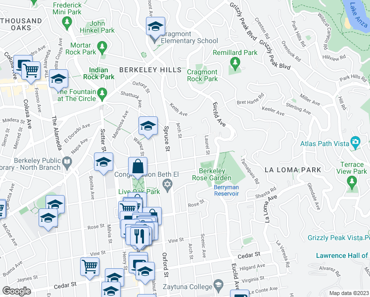 map of restaurants, bars, coffee shops, grocery stores, and more near 1179 Arch Street in Berkeley