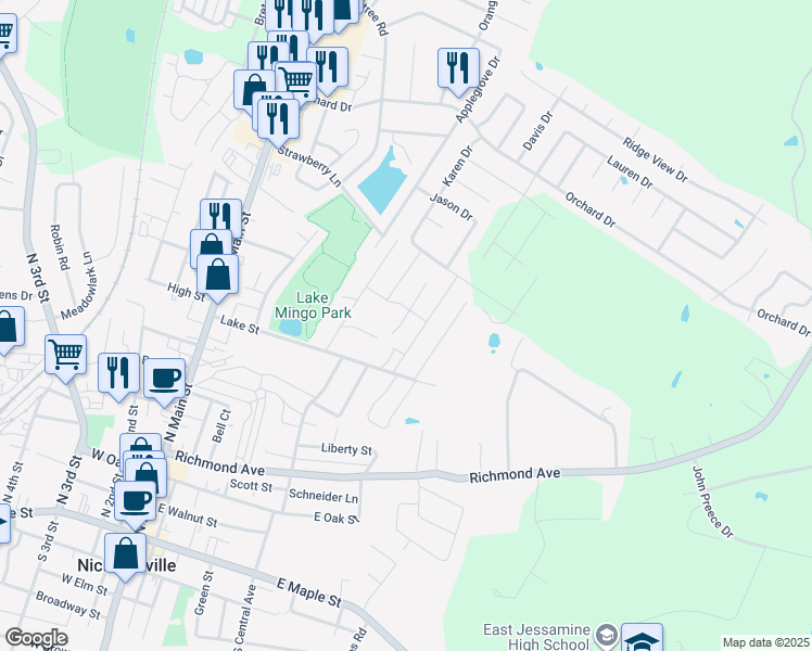 map of restaurants, bars, coffee shops, grocery stores, and more near 204 Alpine Way in Nicholasville