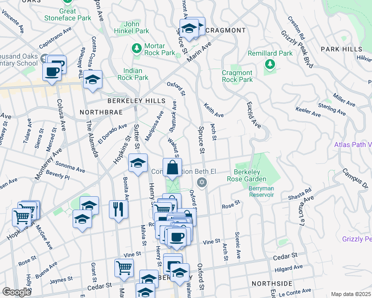 map of restaurants, bars, coffee shops, grocery stores, and more near 1160 Oxford Street in Berkeley