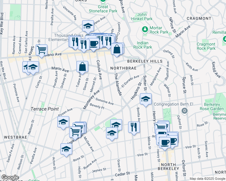 map of restaurants, bars, coffee shops, grocery stores, and more near 1115 Fresno Avenue in Berkeley
