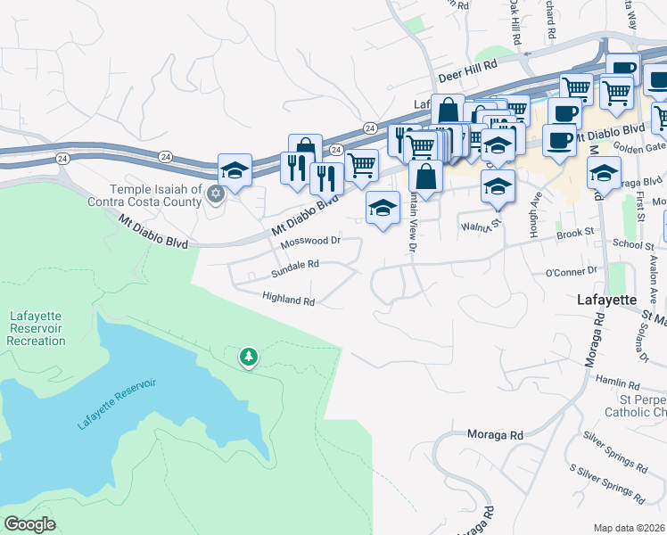 map of restaurants, bars, coffee shops, grocery stores, and more near 3707 Sundale Road in Lafayette