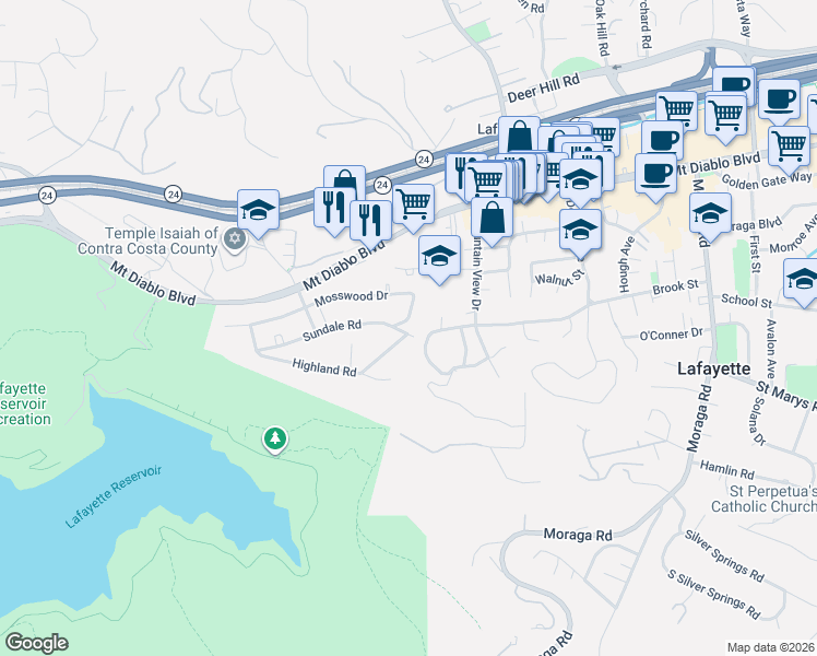 map of restaurants, bars, coffee shops, grocery stores, and more near 3690 Sundale Road in Lafayette