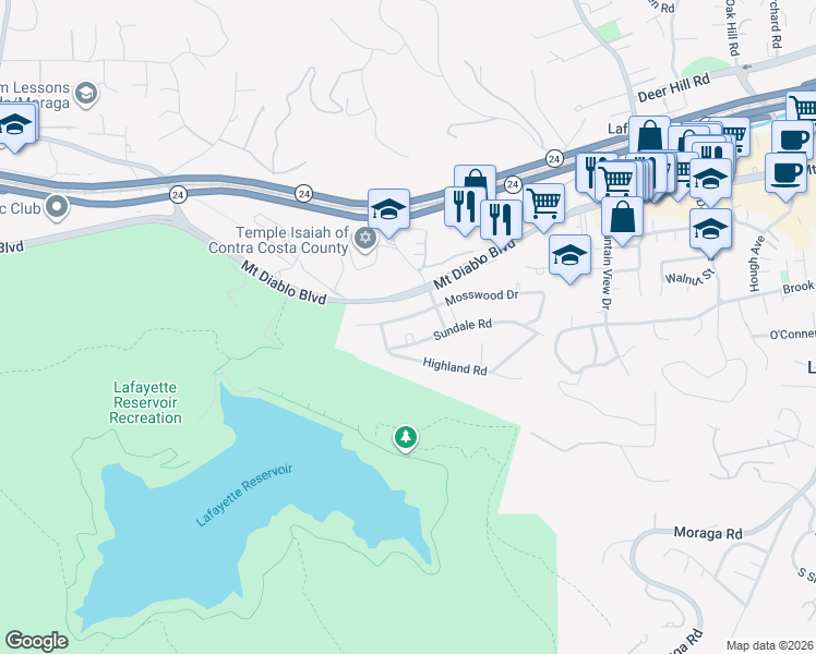 map of restaurants, bars, coffee shops, grocery stores, and more near 3755 Mosswood Drive in Lafayette