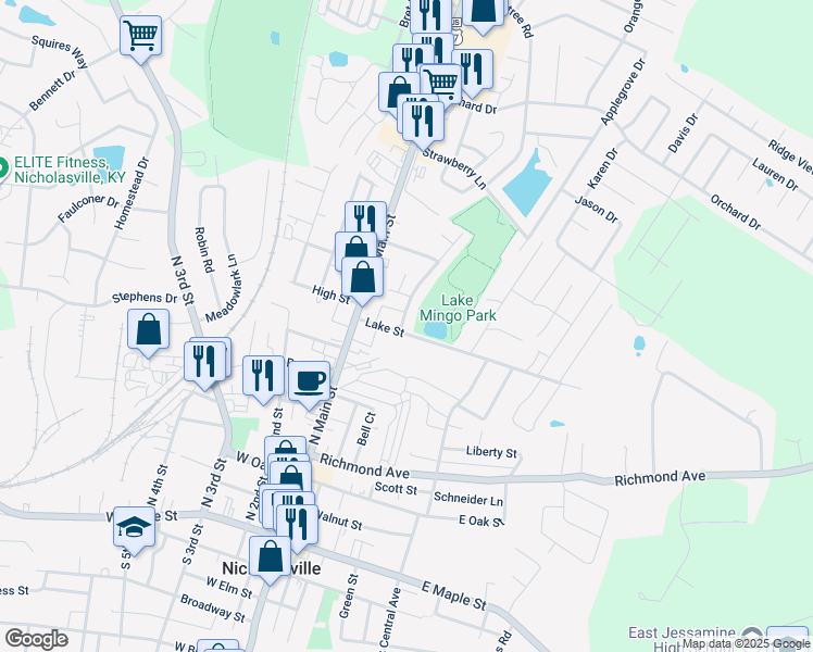 map of restaurants, bars, coffee shops, grocery stores, and more near 100 Lakeview Drive in Nicholasville