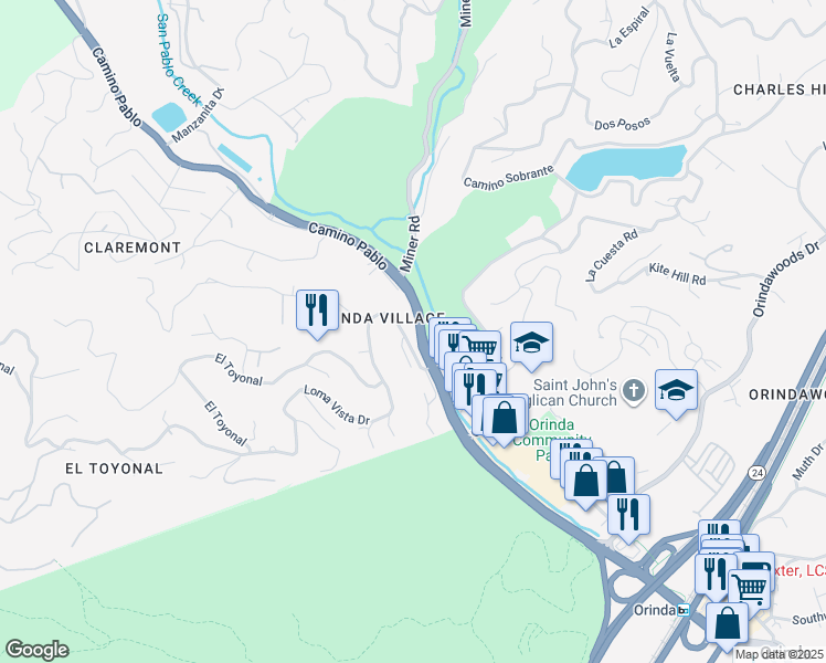 map of restaurants, bars, coffee shops, grocery stores, and more near 10 El Toyonal in Orinda