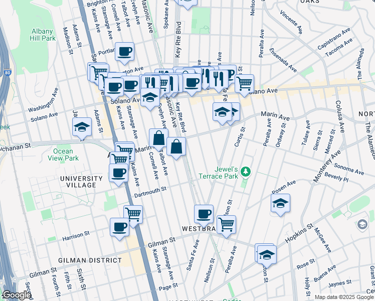 map of restaurants, bars, coffee shops, grocery stores, and more near 1016 Key Route Boulevard in Albany