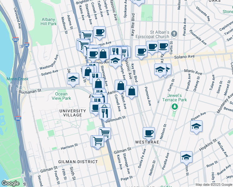 map of restaurants, bars, coffee shops, grocery stores, and more near 1204 Marin Avenue in Albany