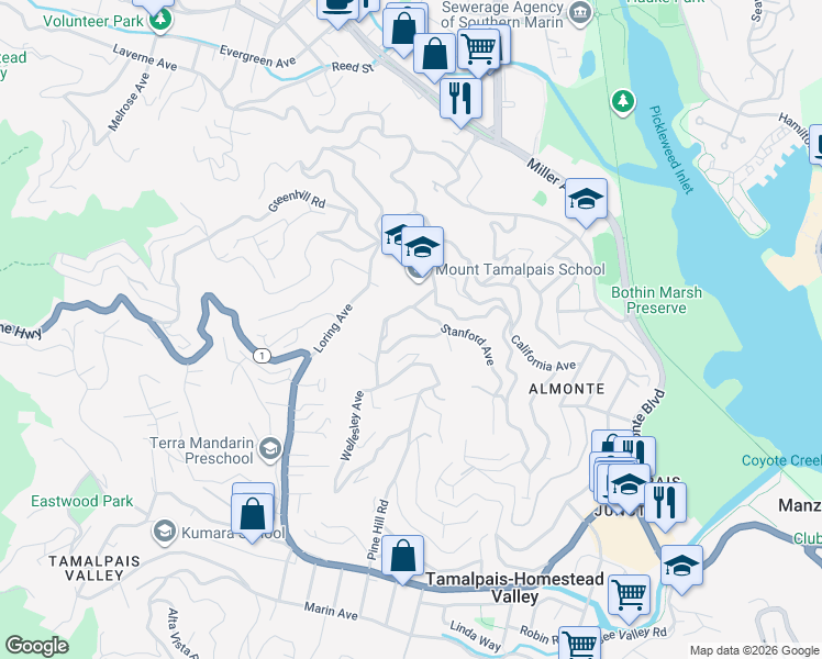 map of restaurants, bars, coffee shops, grocery stores, and more near 129 Peralta Avenue in Mill Valley