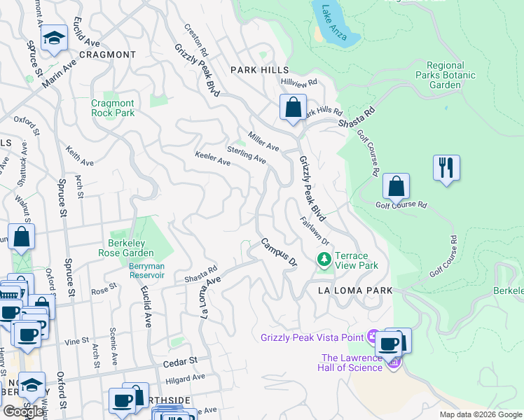 map of restaurants, bars, coffee shops, grocery stores, and more near 1231 Campus Drive in Berkeley
