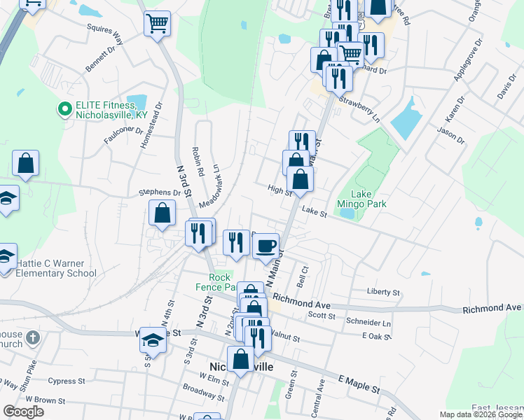 map of restaurants, bars, coffee shops, grocery stores, and more near 107 Stratton Avenue in Nicholasville