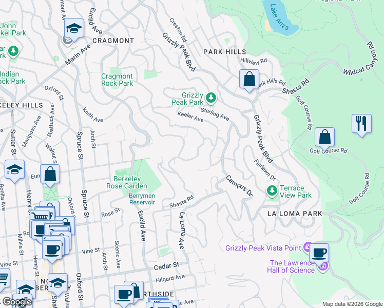 map of restaurants, bars, coffee shops, grocery stores, and more near 2753 Shasta Road in Berkeley
