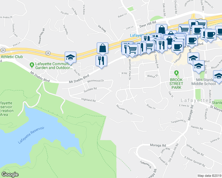 map of restaurants, bars, coffee shops, grocery stores, and more near 3690 Sundale Road in Lafayette