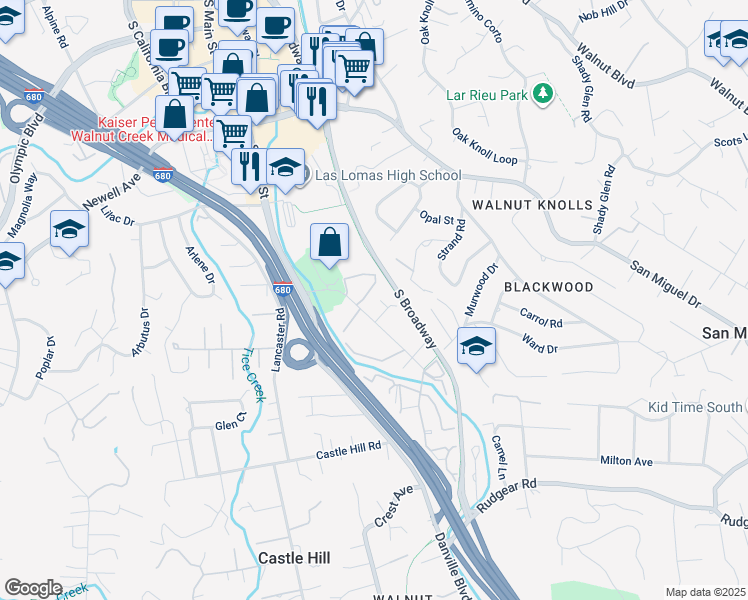 map of restaurants, bars, coffee shops, grocery stores, and more near 1470 Creekside Drive in Walnut Creek