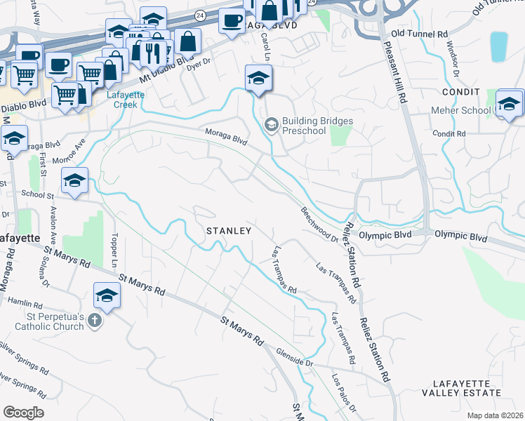 map of restaurants, bars, coffee shops, grocery stores, and more near 900 Diablo Drive in Lafayette