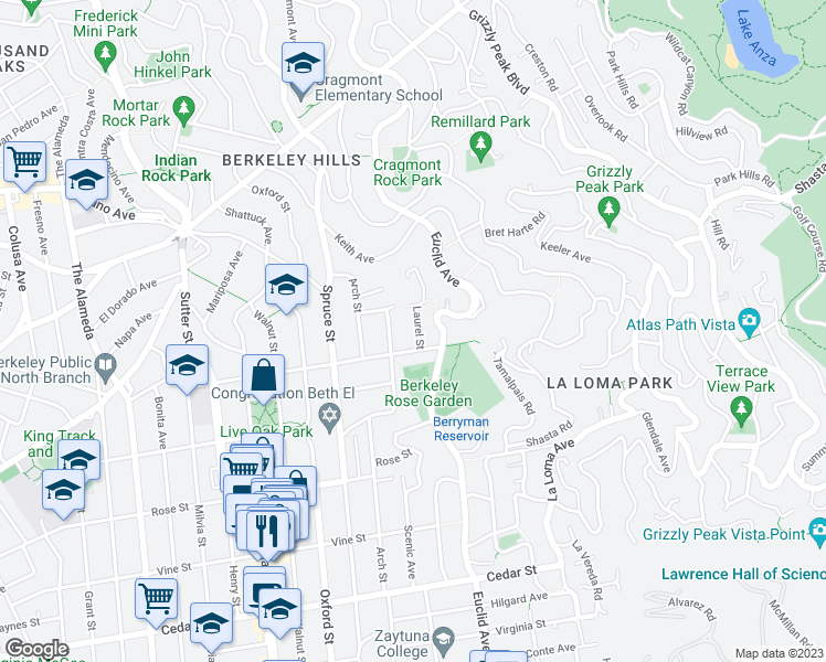 map of restaurants, bars, coffee shops, grocery stores, and more near 1178 Laurel Street in Berkeley